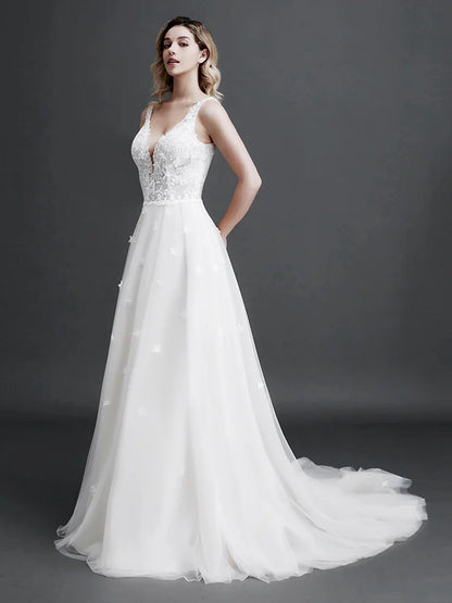 2024 Sexy Temperament Lace Wedding Gown Woman V-neck Sling Backless Evening Dress Romantic Flowers Applique Pearl Wedding Gown