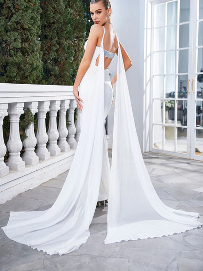 Ladies' luxurious and elegant slim shoulder strap evening gown, long shawl, noble queen, slit bridal gown, evening gown 2024