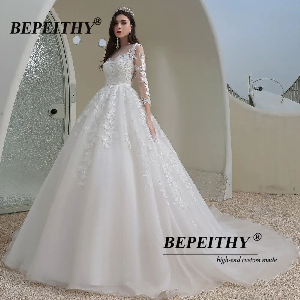 BEPEITHY Princess Lace Wedding Dress Long Sleeves Romantic Open Back Sexy Ball Gown Bride Wedding Gown Bridal For Women 2023