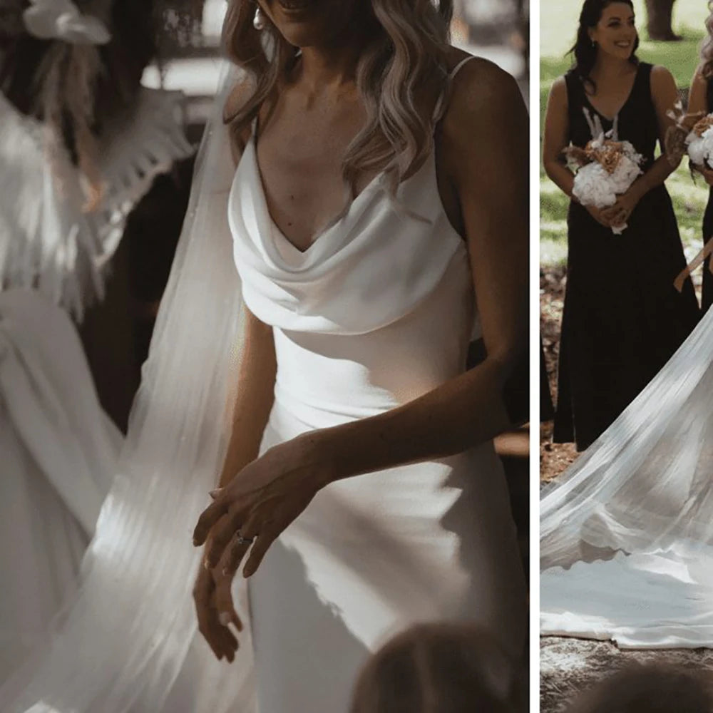 Vestido de novia elegante de sirena con escote vuelto y crepé DREAM para novias, sencillo, sin espalda, drapeado, con tirantes finos de satén