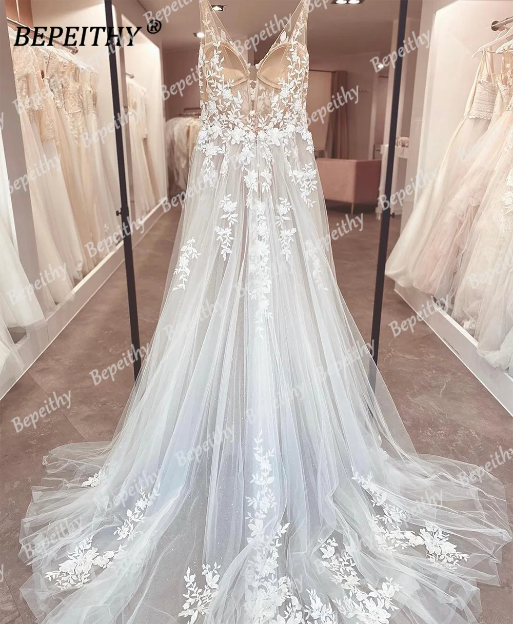 BEPEITHY Sexy Dos Nu Col V Dentelle Robes De Mariée Pour Mariée Femmes 2023 Sans Manches Une Ligne Balayage Train Robe De Mariée 2023 Robes