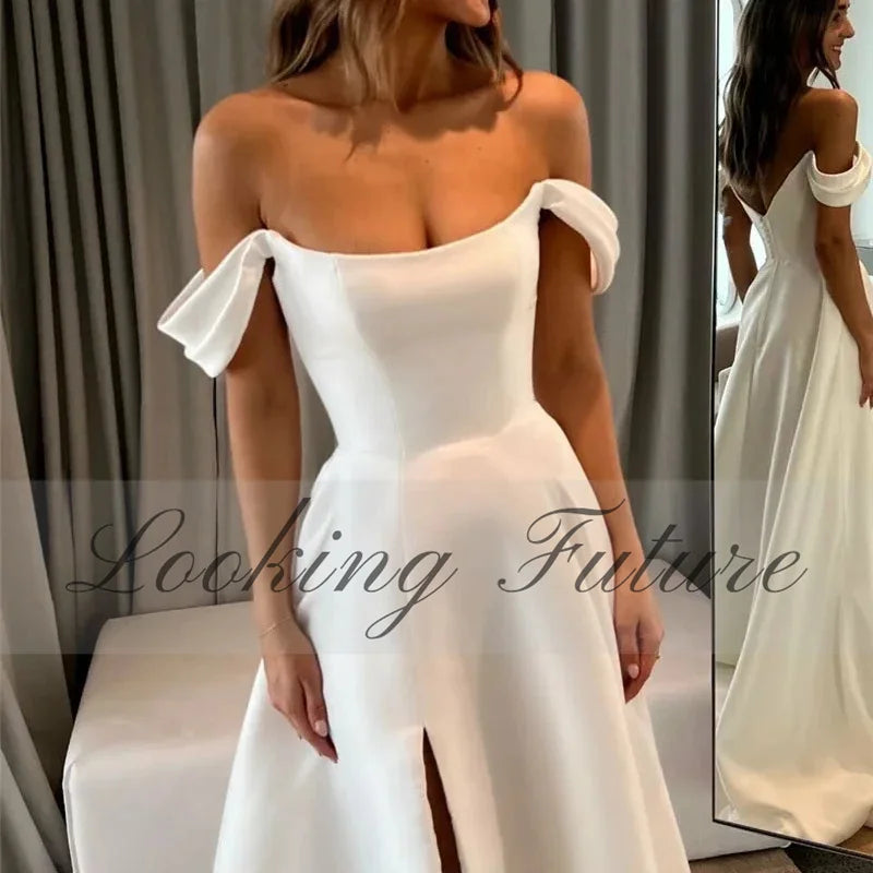 Robe de mariée sirène en satin élégante pour femme 2024, sans bretelles, épaules dénudées, fente latérale, robe de mariée, bouton, robes de mariée