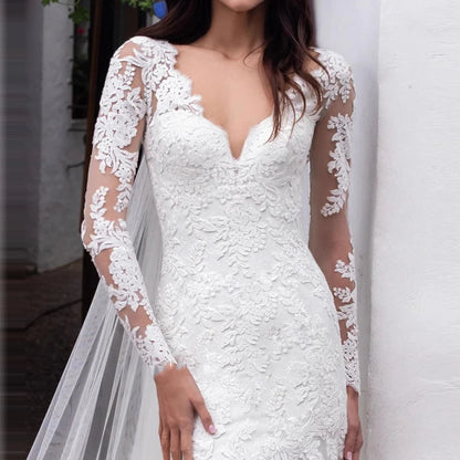 French Wedding Dresses V-neck Mermaid long- Sleeves Vestido De Noiva Elegant Lace Appliques Bridal Gown plus size