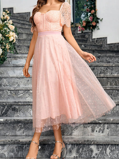 Formal Occasion Costume Bridesmaid Dress Lace Bodice Chiffon V-neck A-neck Maxi Dress Wedding Party Dress