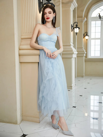 Wedding dress one shoulder suspender elegant flowing teen prom dress 2024 ladies formal corset tulle bridesmaid dress