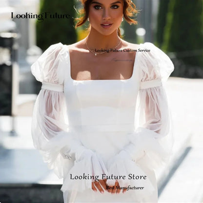 Simple White Wedding Dresses Full Puff Sleeves White Bride Dresses Sexy Backless Square Collar Illusion Formal Wedding Gowns2024