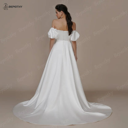 BEPEITHY Ivory Satin Off Shoulder Long Evening Wedding Dresses For Women Short Sleeves High Slit Sexy Bridal Prom Party Gown