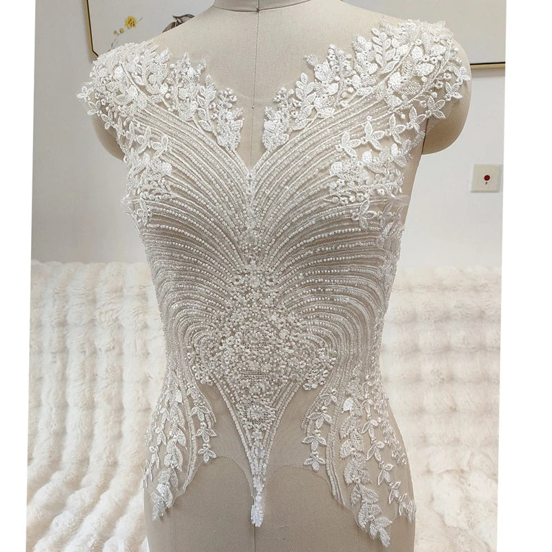 3D Beaded Sequins Lace Chest Flowers Wedding Dress Applique DIY Bridal Headdress Lace Collar Lace Fabric Patch