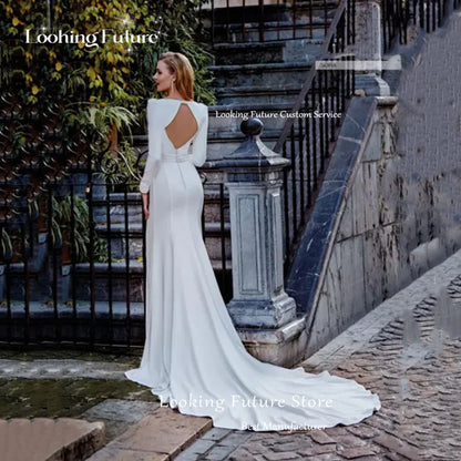 Robe de mariée classique à manches longues, col carré, robe de mariée sirène, dos nu simple avec bouton, robe de mariée