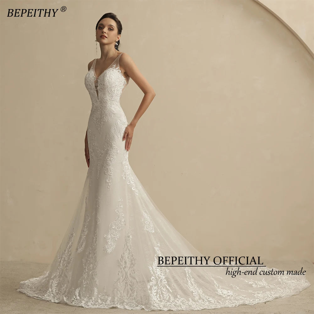 BEPEITHY Real Image Mermaid Lace Wedding Dresses For Women Court Train Sleeveless V Neck Open Back Sexy Vintage Bridal Gown