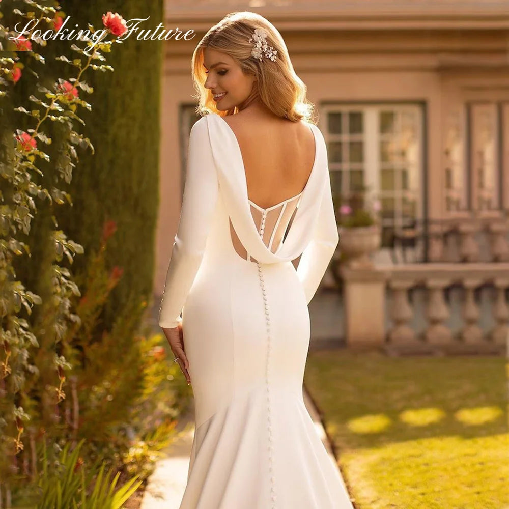 Elegante vestido de novia de sirena, satén, espalda descubierta, cuello redondo, vestido de novia sencillo blanco, mangas largas, vestido de novia 2024, cola larga