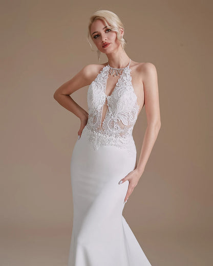 Special Offer Mermaid Wedding Dresses 100% Same Halter Backless Strethy Spandex Lace Appliques Chapel Train Bride Gown