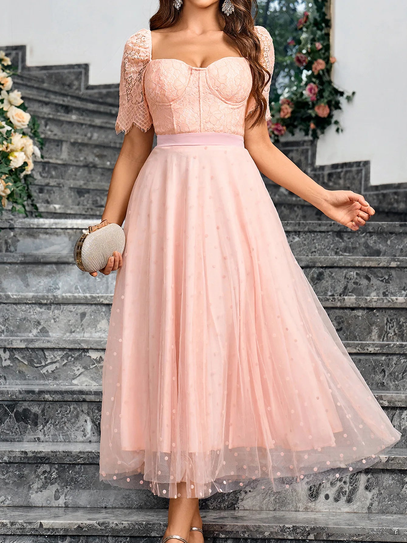 Formal Occasion Costume Bridesmaid Dress Lace Bodice Chiffon V-neck A-neck Maxi Dress Wedding Party Dress