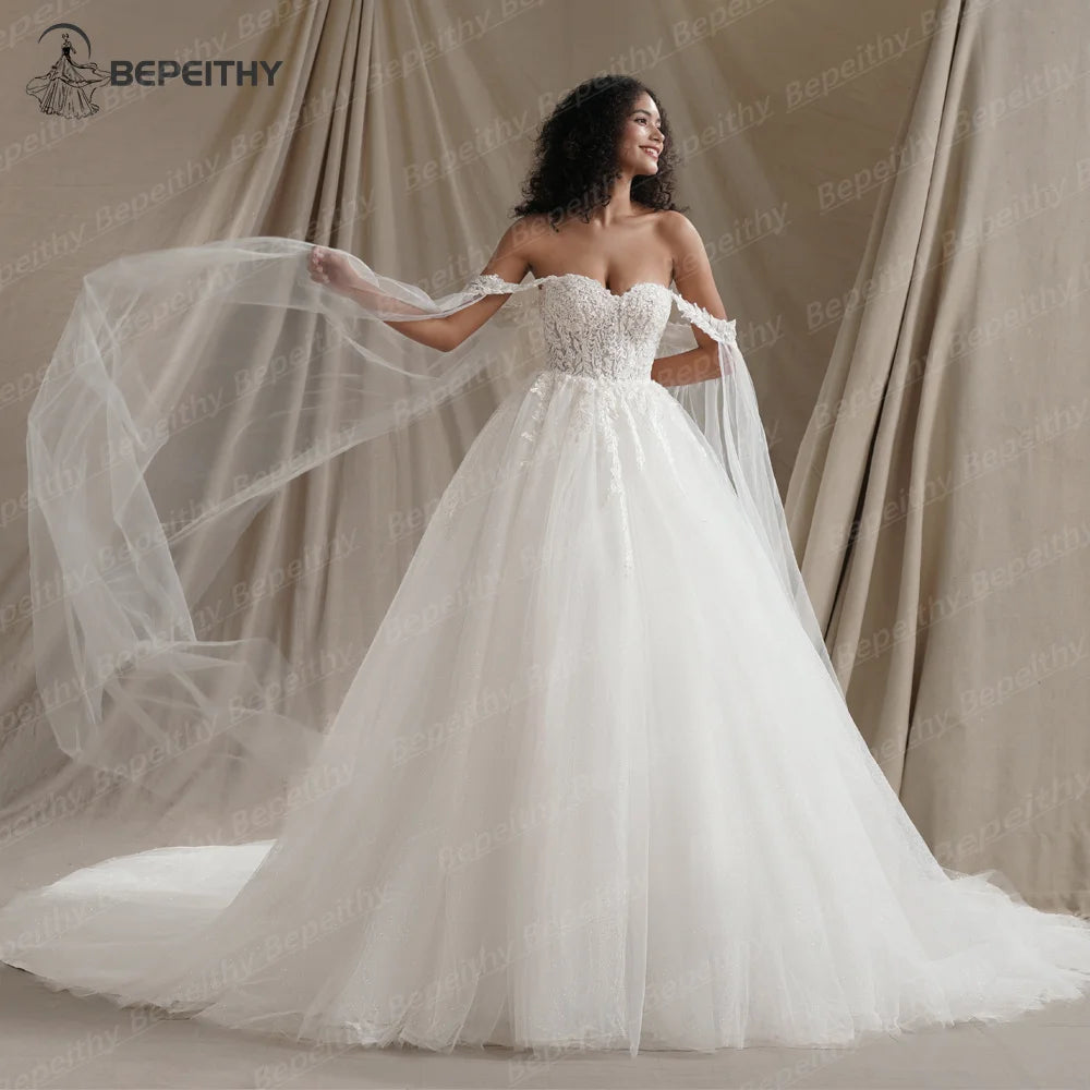 BEPEITHY Sweetheart Glitter Princess Wedding Dresses For Women With Flown Summer Court Train Bride Ivory Bridal Ball Gown 2024