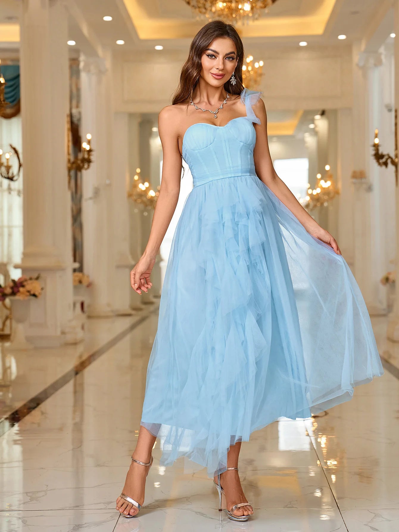 Sky Blue One Shoulder Slim Backless Dresses For Women Tulle Bridesmaid Dress Wedding Party Guest Mermaid Sleeveless Evening Gown