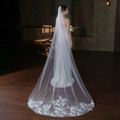 V859 White Cathedral Wedding Bridal Veil for Wedding Dress One-Layer Tulle Lace Appliqued Chapel Brides Long Headdress Veil