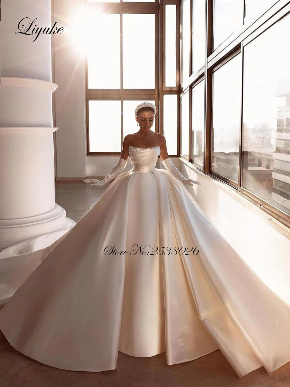 Liyuke Luxury Tiered Satin Ball Gown Wedding Dress Robe De Marriage Sleeveless Beading Pearls Off The Shoulder Bridal  Skirts