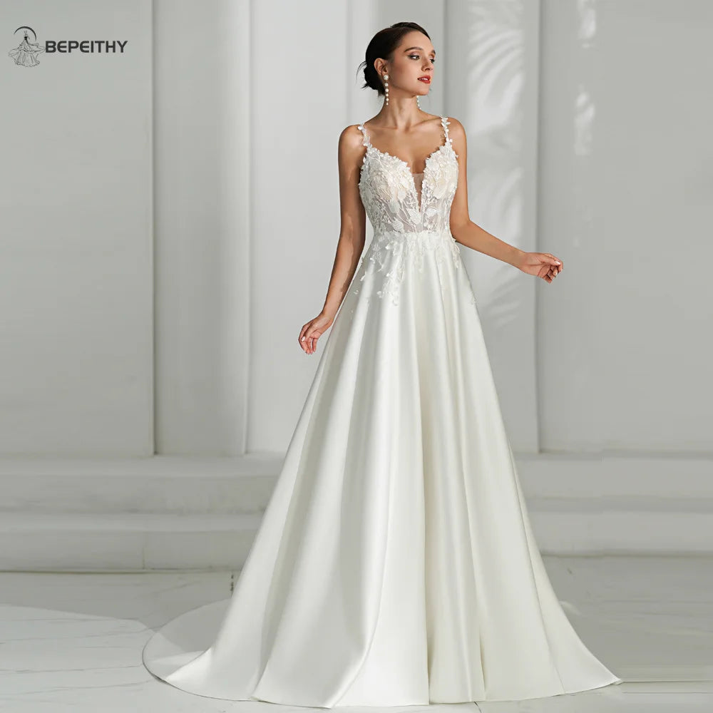 BEPEITHY Ivory Satin A Line Wedding Dresses For Women 2024 Sleeveless Lace Top Vintage Boho Bride New Bridal Gown