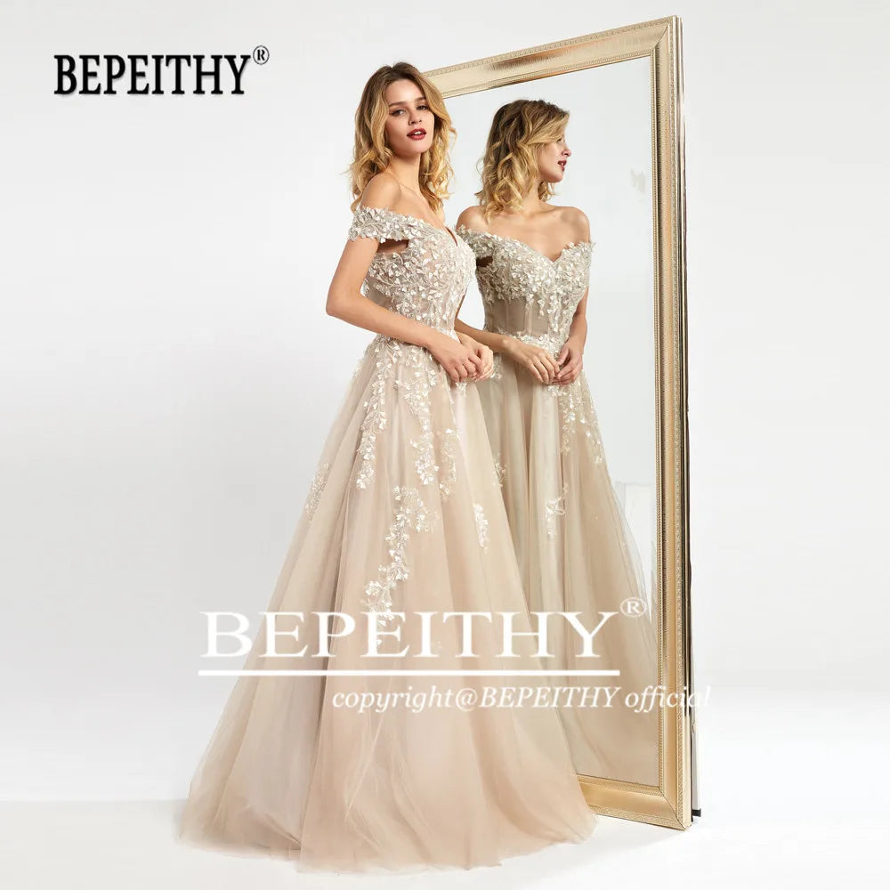 BEPEITHY Off The Shoulder Lace Evening Dresses Long For Women 2023 Champange A-Line Sleeveles Prom Gown Reception Elegant