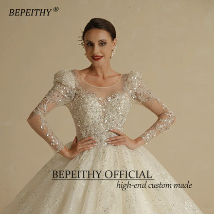 BEPEITHY Exquisitos vestidos de novia de princesa con purpurina para mujer 2022, vestidos de novia de novia color marfil con mangas largas y espalda abierta y brillantes