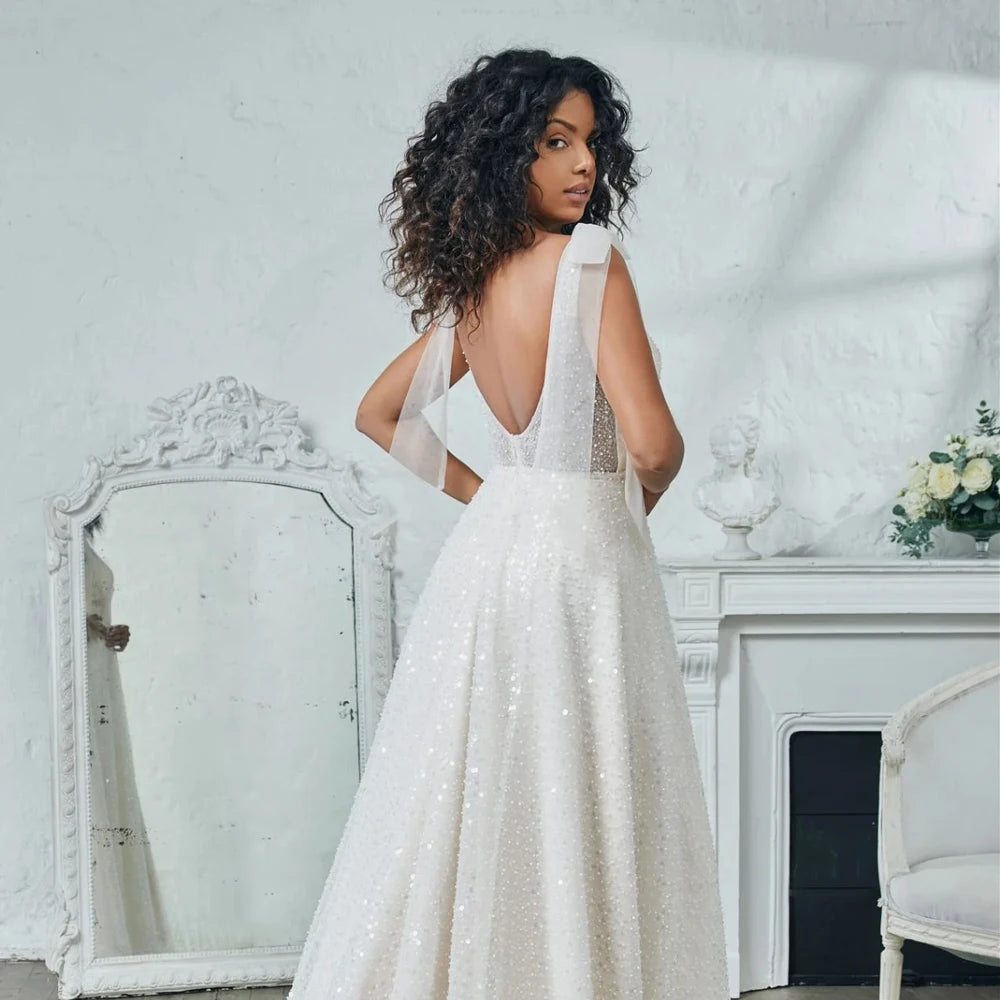 Boho Wedding Dresses A-line Sleeveless V-neck Vestido De Noiva Elegant Bridal Gown Open Backless Pearl court train backless