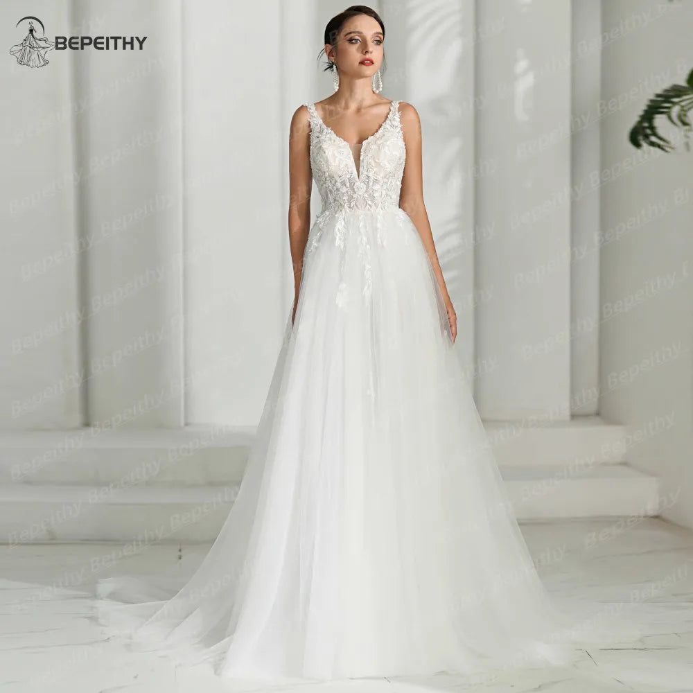 BEPEITHY V Neck Beach Wedding Dresses For Women Sleeveless Backless Sexy Boho Ivory Bride Bridal Gown A Line Vestidos 2024