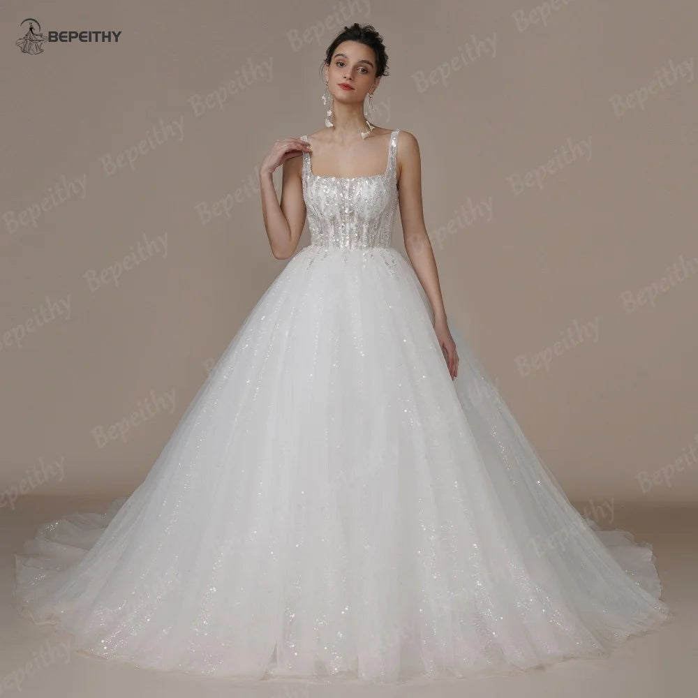 BEPEITHY Princess Glitter Vintage Wedding Dresses For Women Sleeveless Beading Bow Bride Boho Bridal Gown Detachable Flow