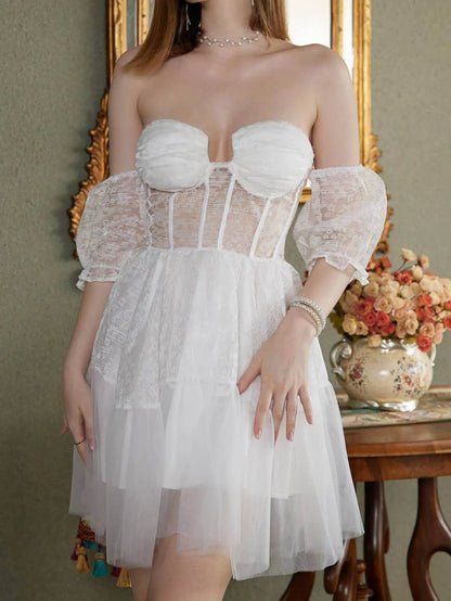 Robe de bal transparente à plusieurs niveaux pour la rentrée scolaire, robe de mariée courte à épaules dénudées avec manches bouffantes, mini robe de mariée