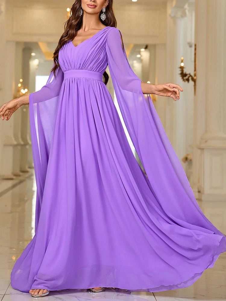 Vestidos de fiesta de boda elegantes de color morado con escote en V y capas drapeadas para baile de graduación 2024, nuevos vestidos formales para mujer, vestidos de cena formal