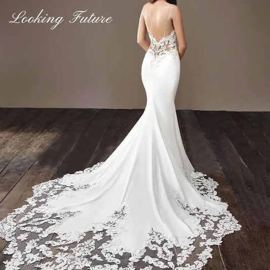 Robe de mariée sirène en satin et dentelle Morden, robe de mariée sans manches en cœur, simple, unie, longue traîne, traîne de balayage, sur mesure, 2024