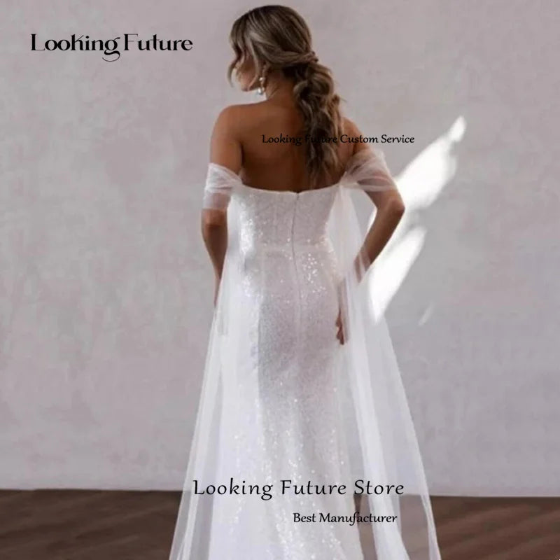 Modern Mermaid Tulle White Wedding Dress Sexy Strapless Formal Shiny Beading Pleat Off The Shoulder Backless Bridal Growns 2024