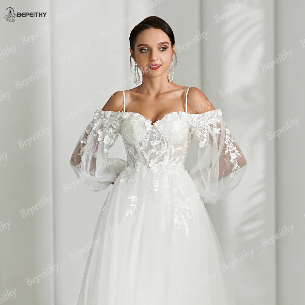 BEPEITHY Sweetheart A Line Ivory Wedding Dresses 2024 Spring Women Long Sleeves Beach Bride Boho Bridal Gown With 3D Flowers