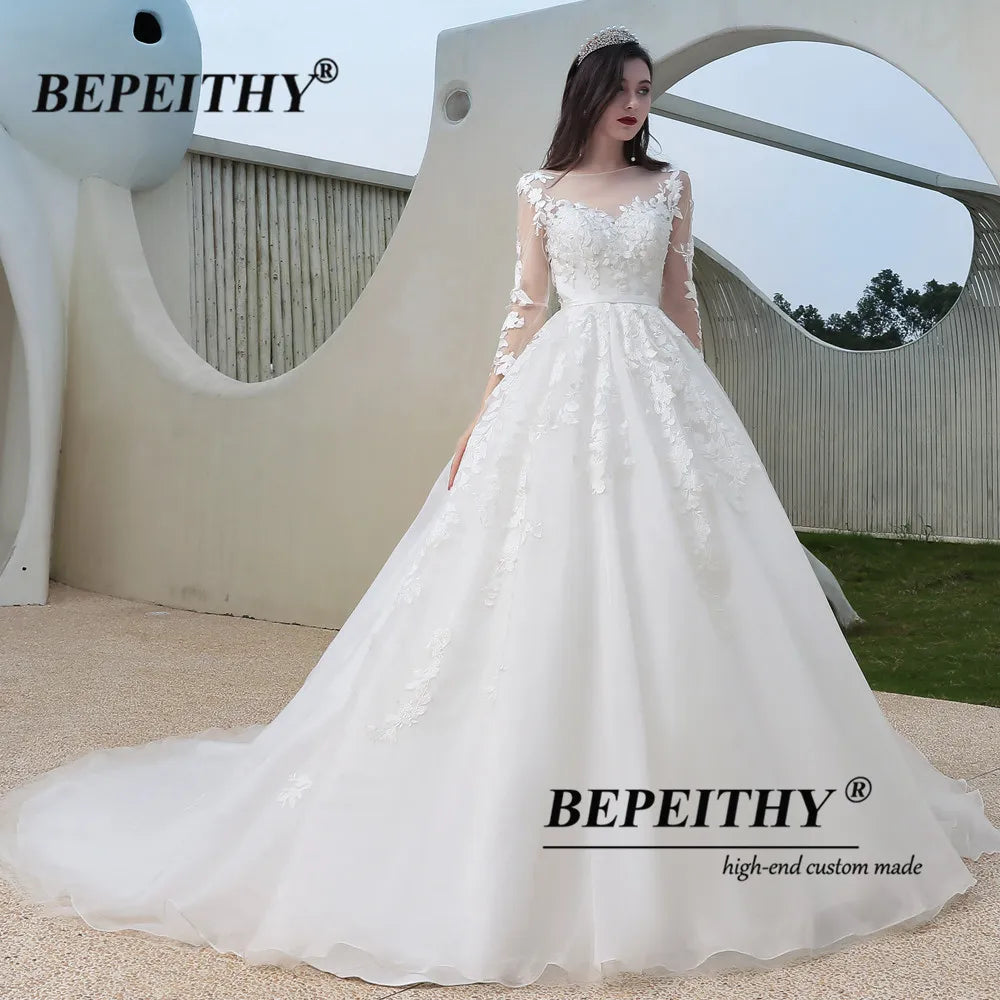 Vestido de novia de encaje de princesa BEPEITHY, manga larga, romántico, espalda abierta, sexy, vestido de novia, vestido de novia para mujer 2023