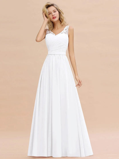 BABYONLINE Boho Wedding Dress V-neck Pleated Bodice See-through Lace Cap Sleeves Maxi Flowy A-Line Skirt Fomral Party Gown