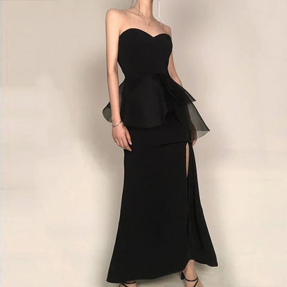 Robe de soirée noire grande taille en satin à plis en forme de cœur, robe de soirée fendue sur le côté, robe de soirée sirène sans bretelles pour mariage