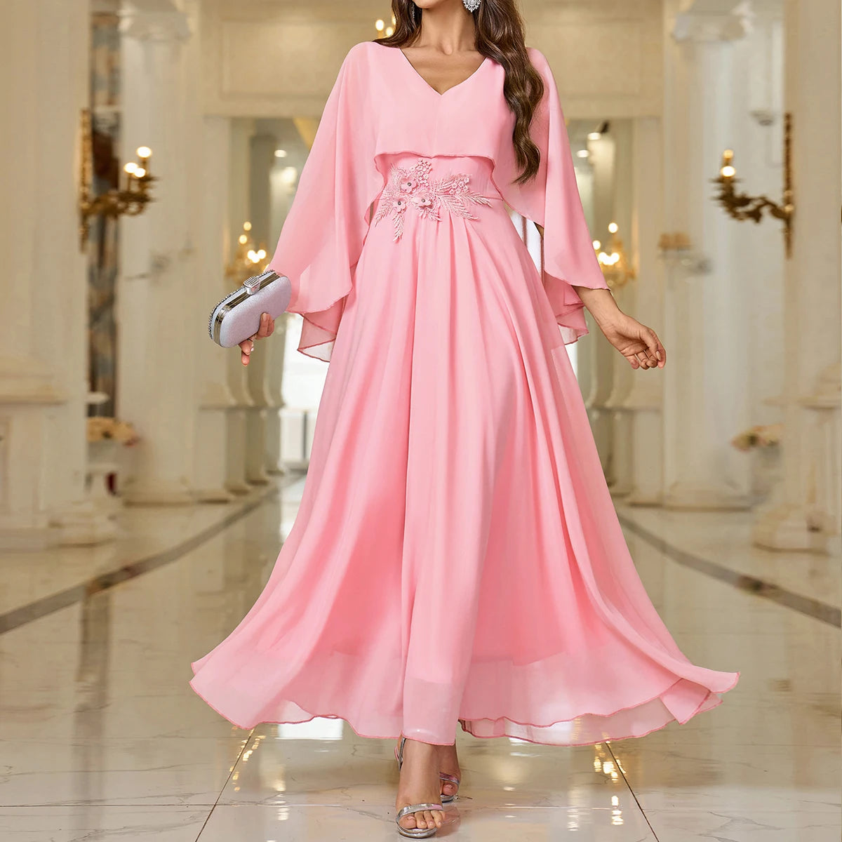 Elegant Women's V-neck Mom Dress Flare Sleeves Knitted Embroidered Sticker Wedding Dress Mom