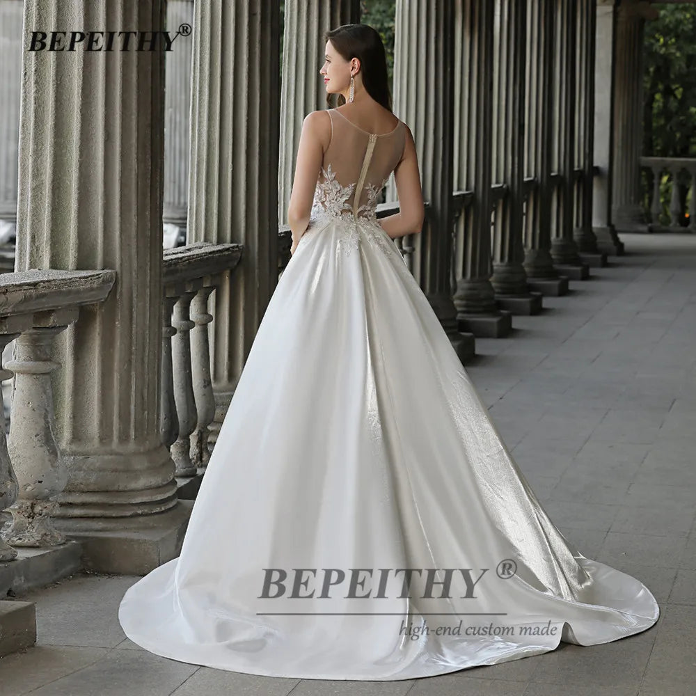 BEPEITHY Ivory Long Evening Dresses For Women Sleeveless A Line Sweep Train Vintage Prom Party Dress Vestidos De Noche Femme