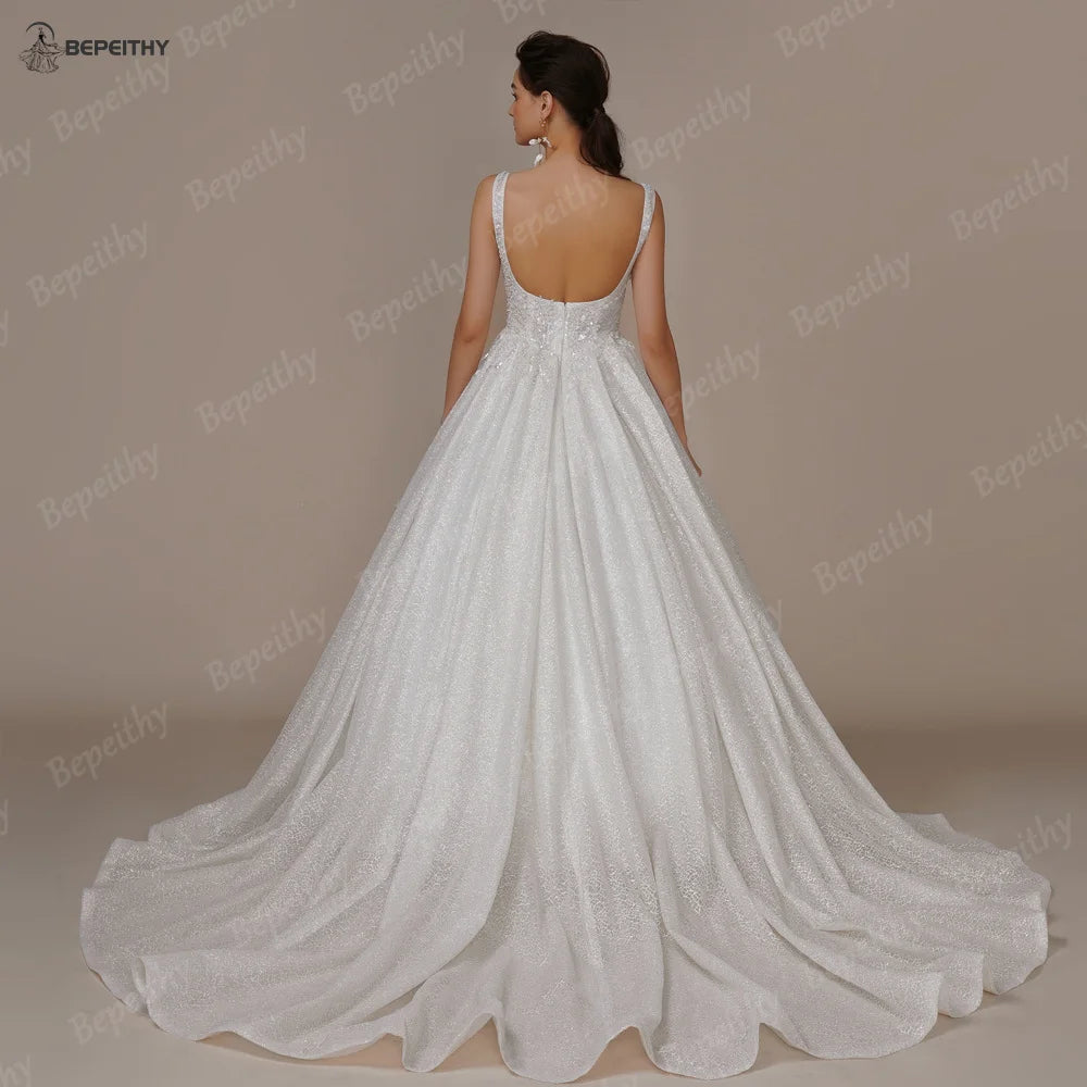 BEPEITHY Exquisite Glitter A Line Wedding Dresses Sleeveless Court Train Princess Sexy Open Back Modern Bride Ivory Bridal Gown