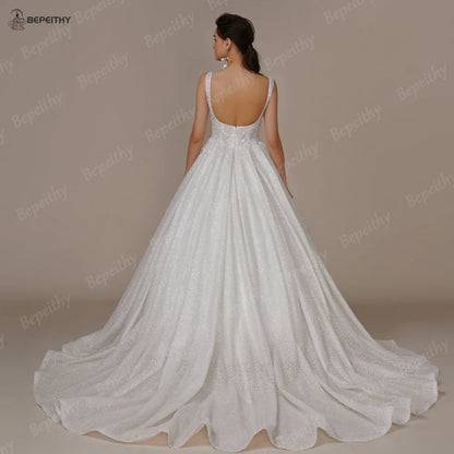 BEPEITHY Exquisite Glitter A Line Wedding Dresses Sleeveless Court Train Princess Sexy Open Back Modern Bride Ivory Bridal Gown