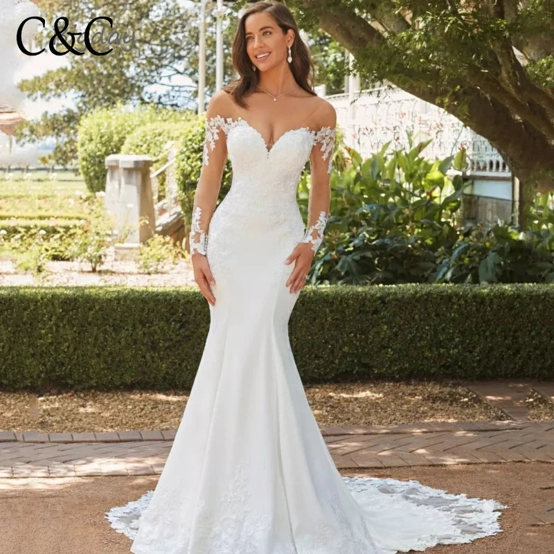 Robe de mariée sirène élégante en cœur 2024, blanche, manches longues, dos ouvert, dentelle, appliques, traîne, robe de mariée