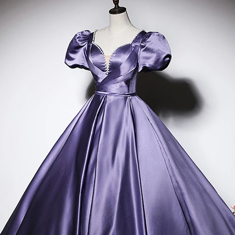 Robe de soirée en satin violet à manches courtes plissée, coupe trapèze, col en V, lacets, longueur au sol, mode, grande taille, robes de soirée pour femme XE090