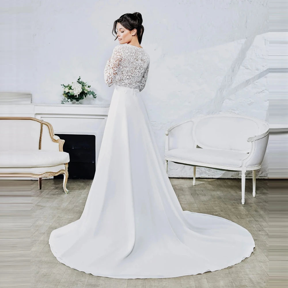 Wedding Dresses deep V-neck long-sleeve Vestido De Noiva Elegant lace appliqued ball gown court train custom plus size