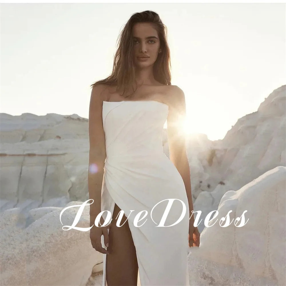 Robe de mariée sirène plissée sans bretelles à simple tache Love sans manches avec fente latérale et dos nu, longueur au sol, robe de mariée formelle pour occasion spéciale