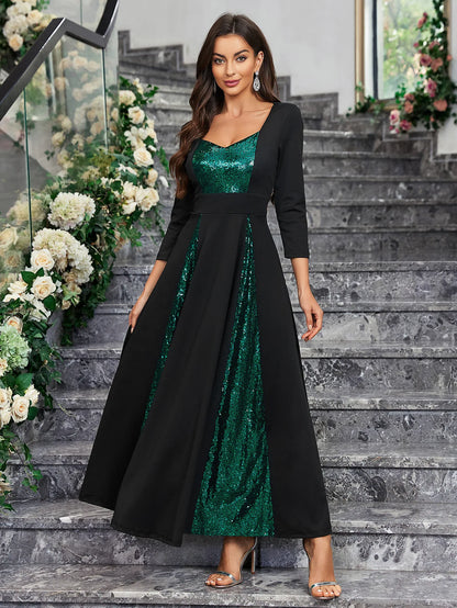 Women'S Vintage Full Sequin Formal Long Dress V Neck Open Back Wedding Party Gowns 2024 Stretchy Graduation Cocktail Prom Dress