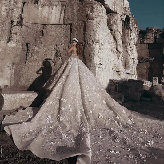 Vestidos de novia de lujo con bola de cristal, vestidos de novia de encaje de manga larga transparente, apliques 3D, cola capilla, vestido de novia de talla grande