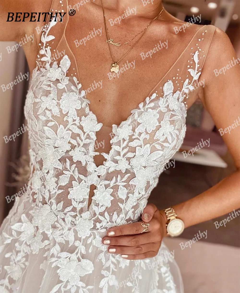 BEPEITHY Sexy Dos Nu Col V Dentelle Robes De Mariée Pour Mariée Femmes 2023 Sans Manches Une Ligne Balayage Train Robe De Mariée 2023 Robes