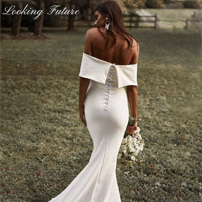 Vestidos de novia blancos con hombros descubiertos para mujer, vestidos de novia sencillos estilo sirena, estilo bohemio, con pliegues y cola de corte