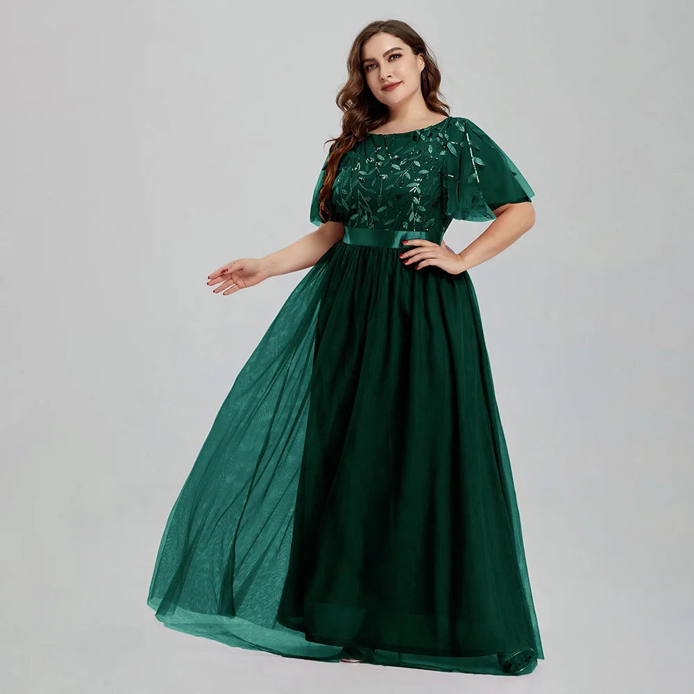 Vestido de noche largo con bordado de lentejuelas y malla en forma de A para mujer, de talla grande, con hojas y mangas para boda 2022