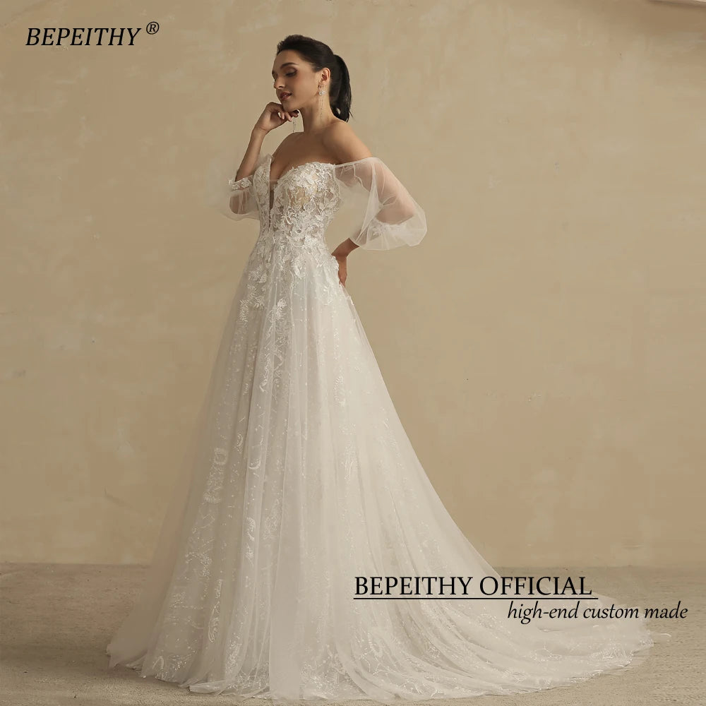 BEPEITHY Shinny Glittle A Line Skirt Ivory Wedding Dresses For Women With Puff Sleeves Sexy Sweetheart Lace Bridal Gown 2022