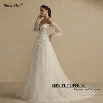 BEPEITHY Shinny Glittle A Line Skirt Ivory Wedding Dresses For Women With Puff Sleeves Sexy Sweetheart Lace Bridal Gown 2022